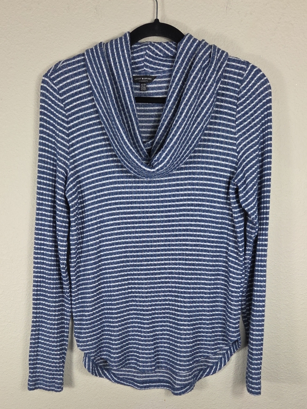 Lucky Brand Pullover Sweater Womens XS Blue Striped Cowl Neck Knit Long Sleeve